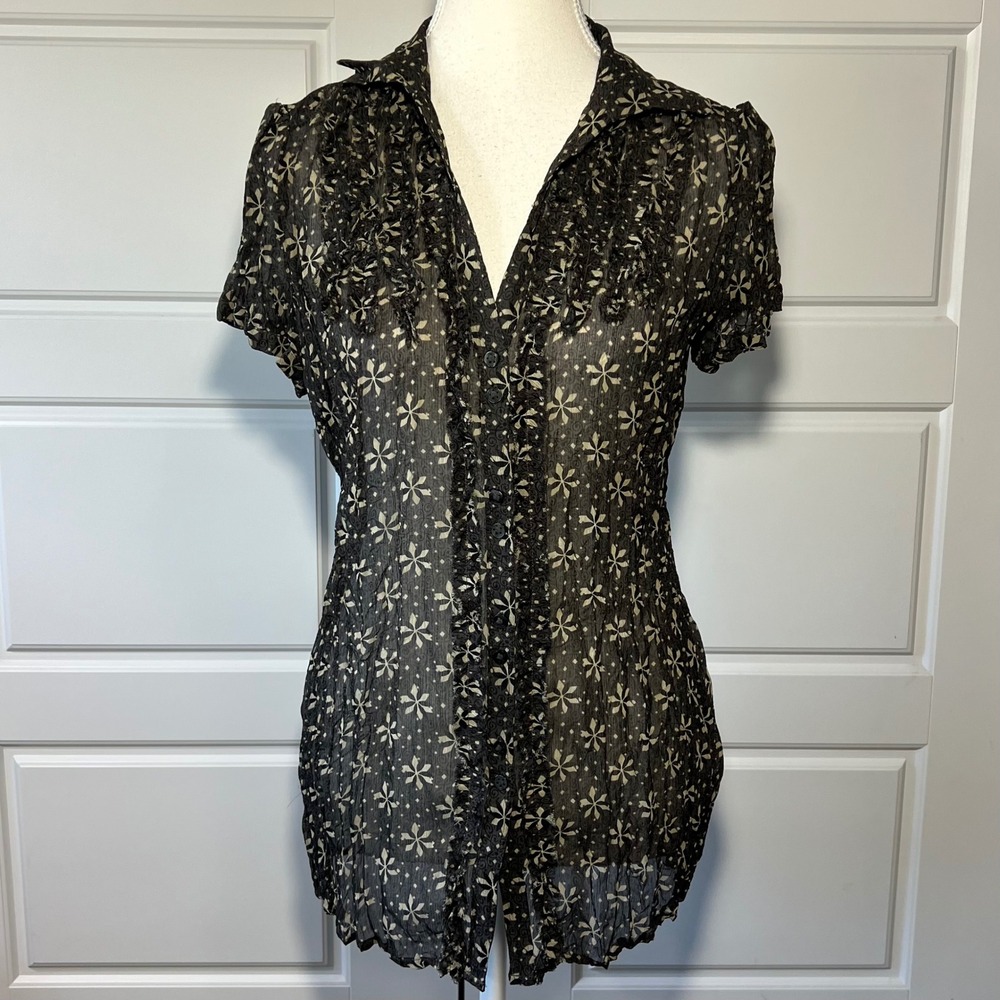 Esprit Sheer Black Floral Button Up Short Sleeve Blouse Ruffled‎ Front Large